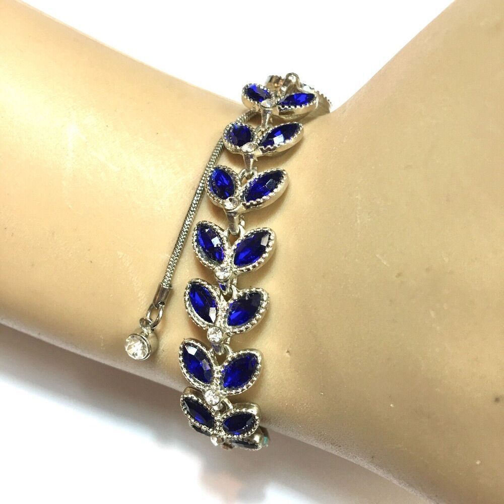 Blue Rhinestone Bracelet Adjustable Slide Closure Marquise Vine Snake Chain